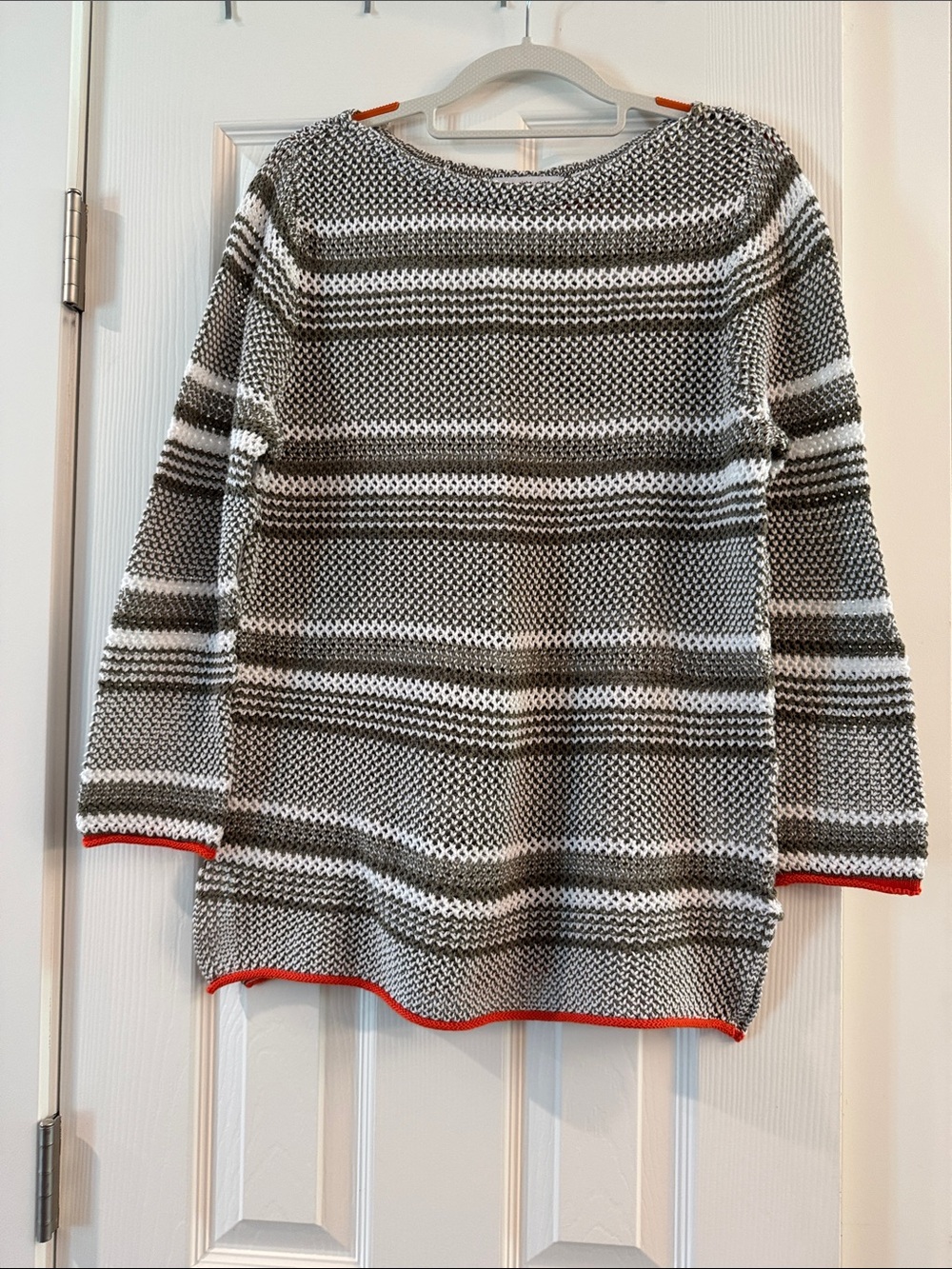 Striped Gray & White Women's Sweater with Orange Trim